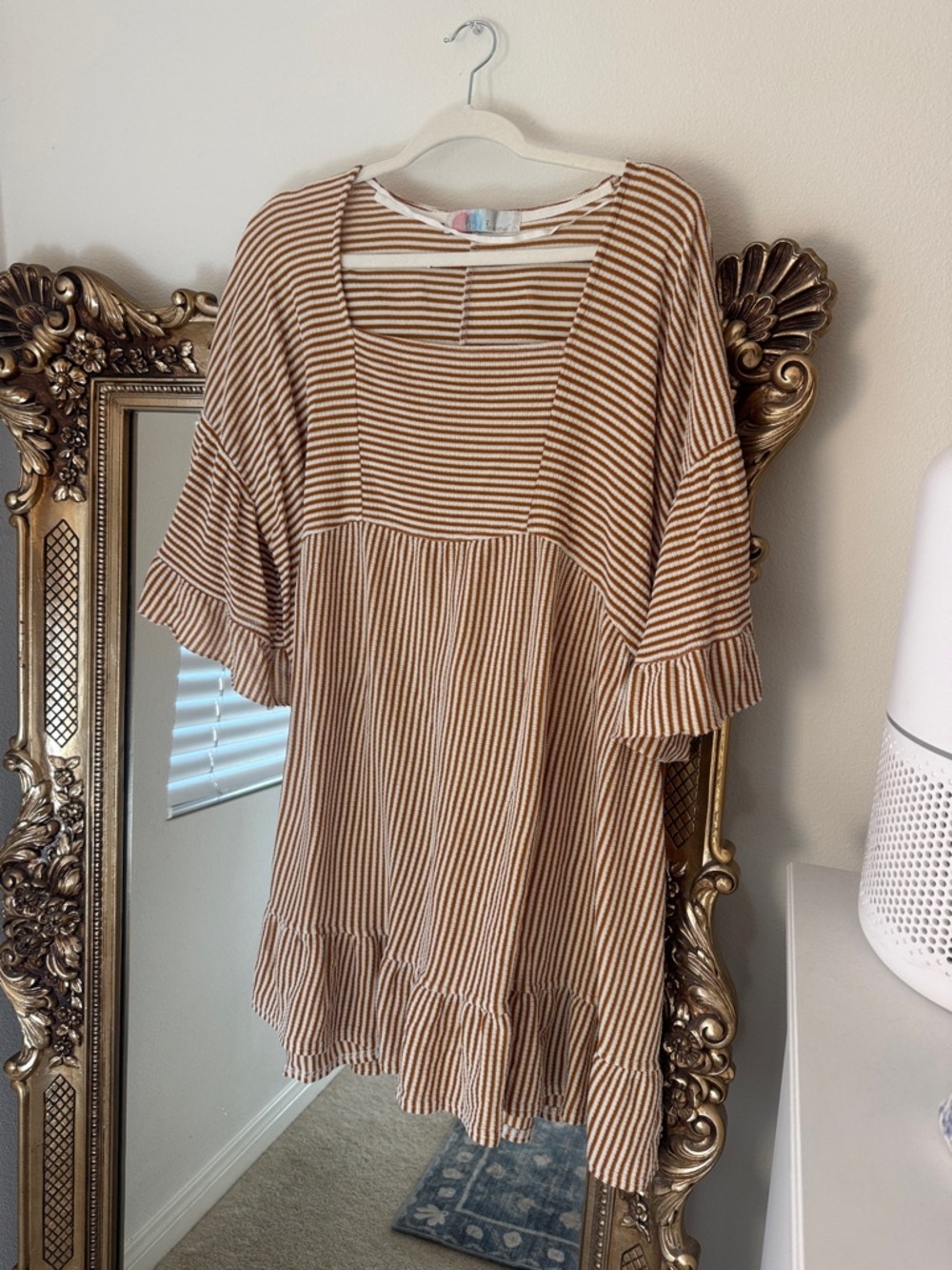 Free People Striped Ruffle Mini Dress in Cream and Brown